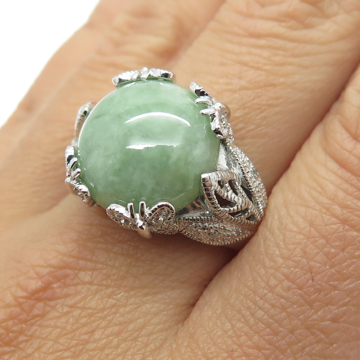 925 Sterling Silver Real Round-Cut Diamond & Jade Butterfly Ring Size 10