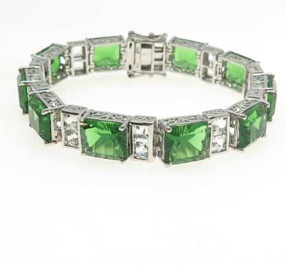 CHUCK CLEMENCY 925 Sterling Silver Green Glass & C Z Panel Link Bracelet 7.5"