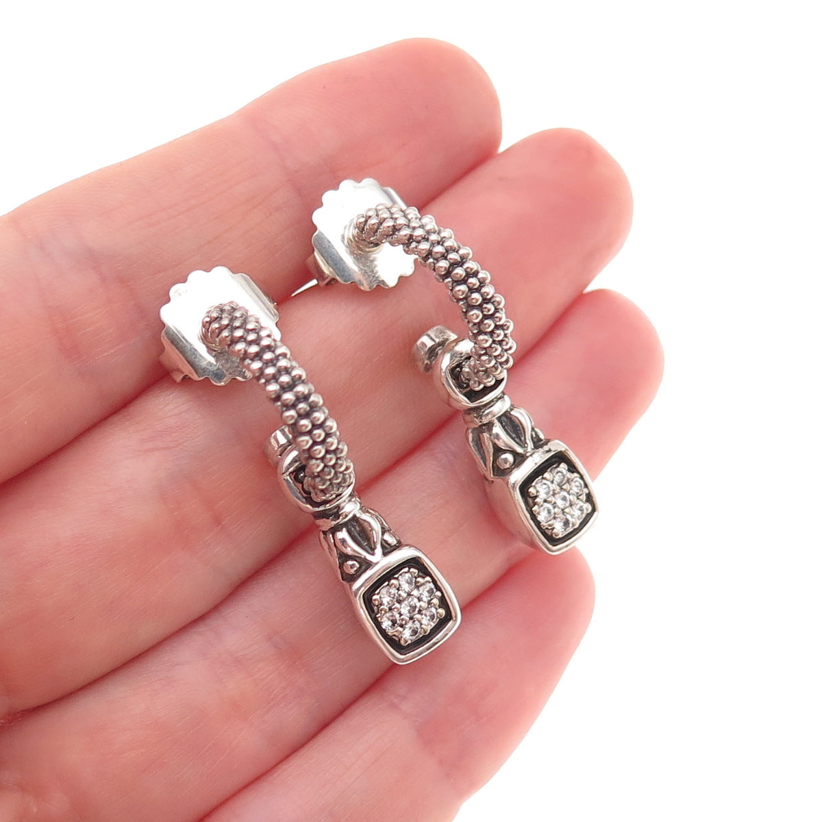 Lagos 925 Sterling Silver 14K Gold Posts Real Diamond Caviar Hoop Charm Earrings