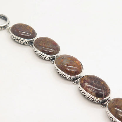 925 Sterling Silver Vintage Real Crazy Lace Agate Gem Tennis Link Bracelet 7.25"