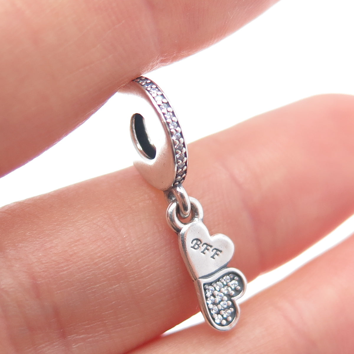 PANDORA 925 Sterling Silver C Z Best Friends Forever Dangle Heart Slide Charm