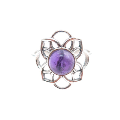 925 Sterling Silver Vintage Real Amethyst Flower Ring Size 7