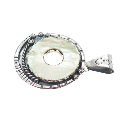 925 Sterling Silver Vintage Real MOP Modernist Oxidized Pendant