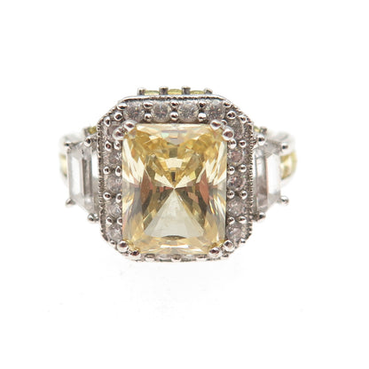 925 Sterling Silver Canary & White C Z Bohemian Ring Size 5.75