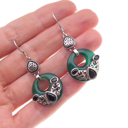 925 Sterling Silver Vintage Real Black & Green Onyx Oxidized Dangle Earrings