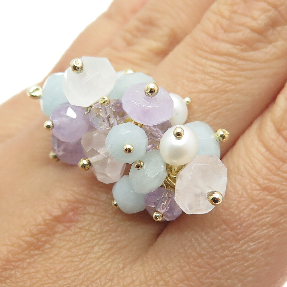 DALIA 925 Sterling Gold Plated Pearl Quartz Amethyst & Aquamarine Ring Size 9.75