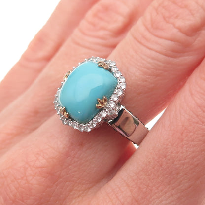 925 Sterling Silver 2-Tone Real Turquoise White Topaz & Iolite Ring Size 8.25