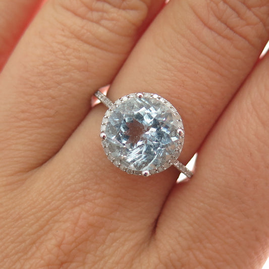925 Sterling Silver Real Diamond Approx. 0.35ct & Aquamarine Gem Ring Size 7