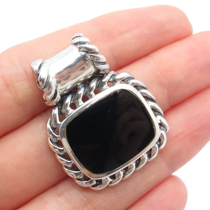 925 Sterling Silver Vintage Real Black Onyx Gemstone Ornate Pendant