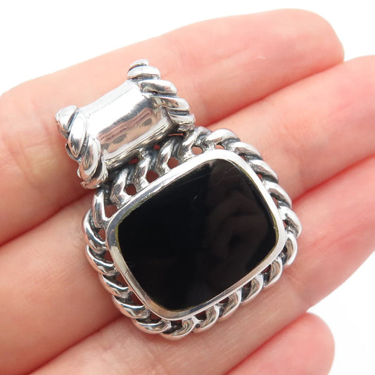 925 Sterling Silver Vintage Real Black Onyx Gemstone Ornate Pendant