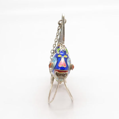 925 Sterling Silver Enamel Antique Chinese Koi Fish Articulated Chatelaine Fob