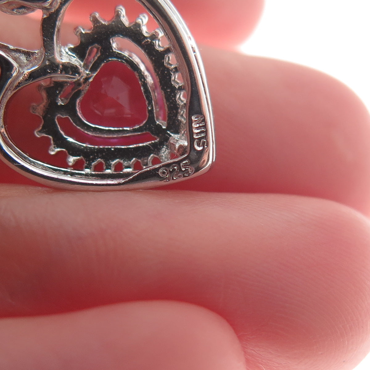 SUN 925 Sterling Silver Real Pink Sapphire Gemstone Heart Slide Pendant
