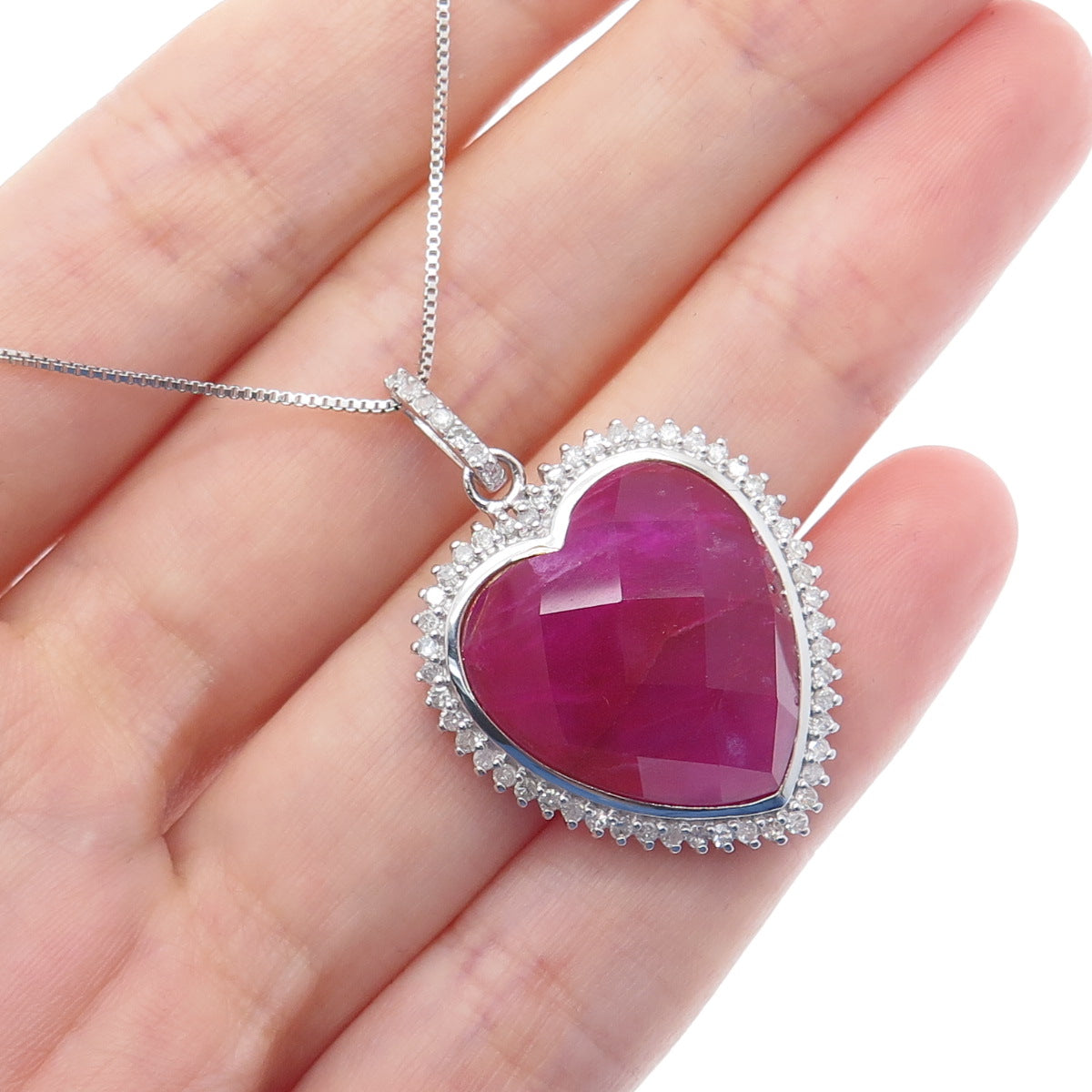 925 Sterling Silver Real Round-Cut Diamond & Ruby Heart Box Chain Necklace 18"