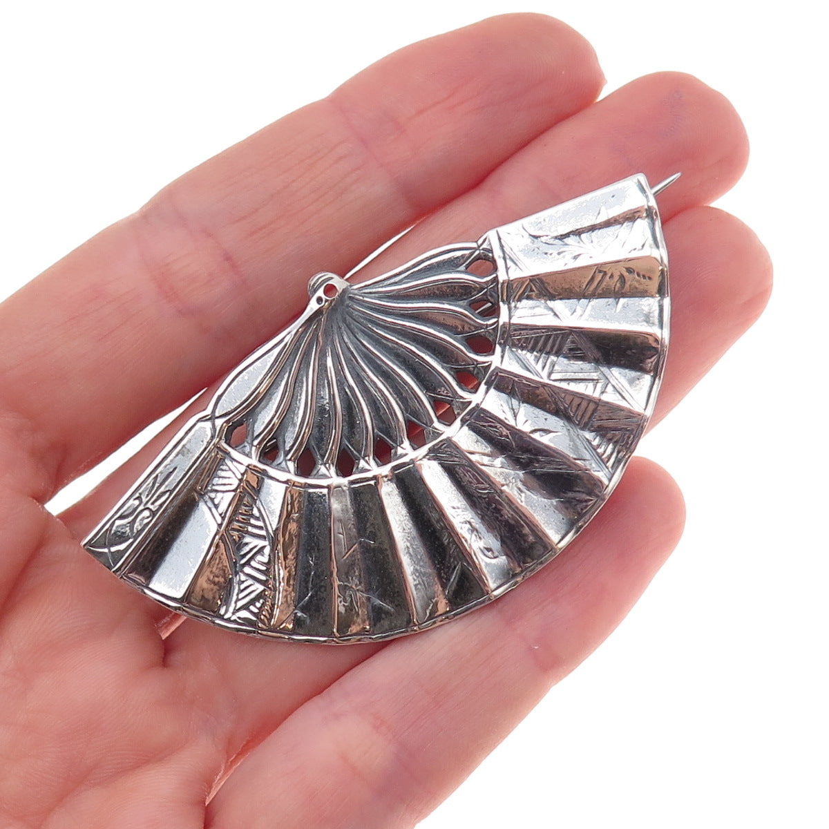 925 Sterling Silver Antique Art Deco Japanese Fan Oxidized Pin Brooch