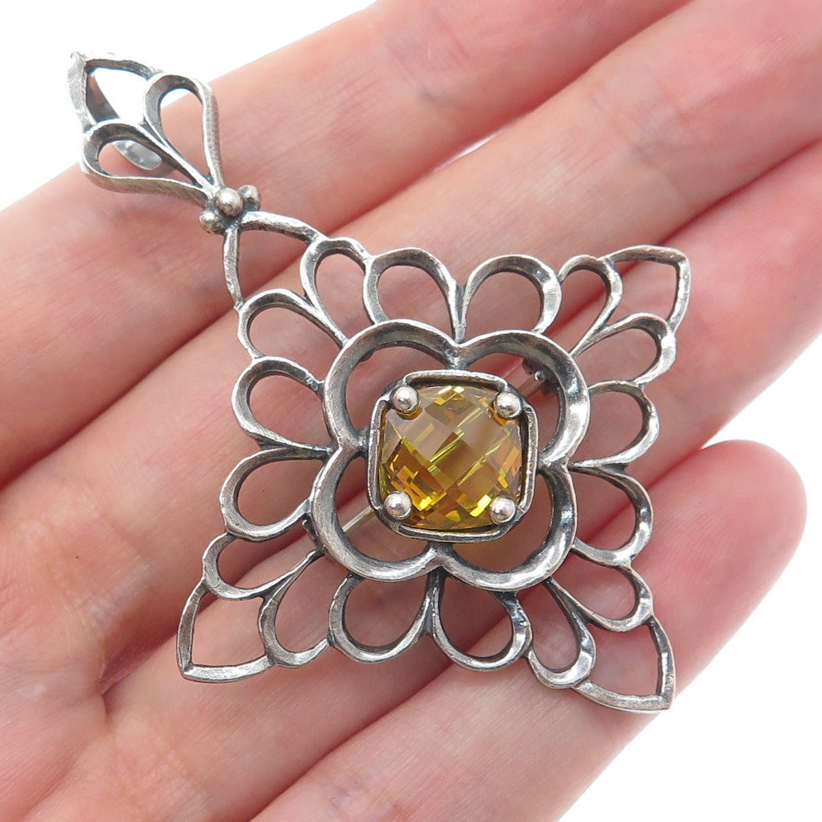 925 Sterling Silver Vintage Canary C Z Floral Cross Pin Brooch / Pendant