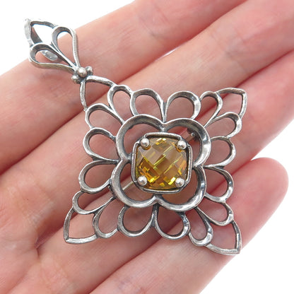 925 Sterling Silver Vintage Canary C Z Floral Cross Pin Brooch / Pendant