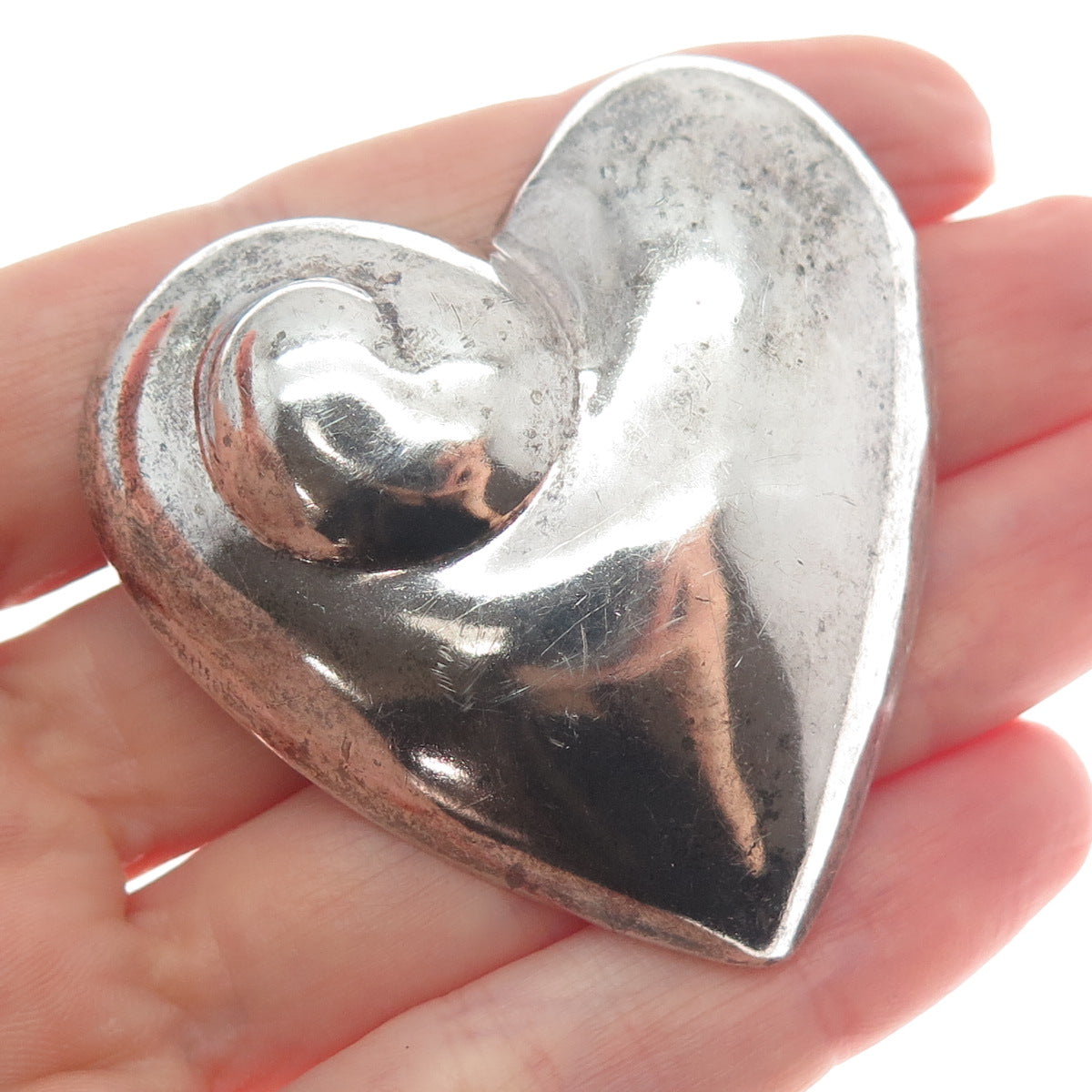 925 Sterling Silver Vintage Mexico Modernist Heart Oxidized Pin Brooch