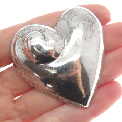 925 Sterling Silver Vintage Mexico Modernist Heart Oxidized Pin Brooch