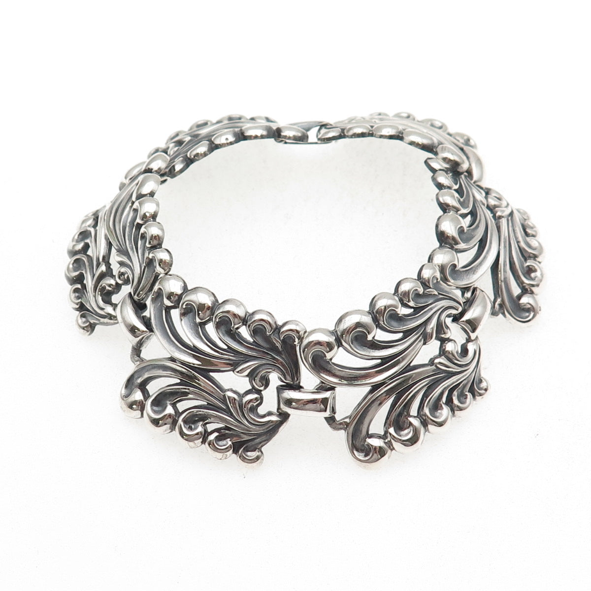 Danecraft 925 Sterling Silver Antique Art Deco Floral Panel Link Bracelet 7.75"