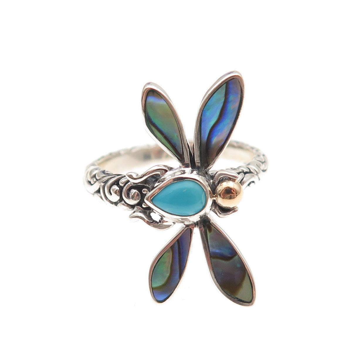 Samuel Benham Sterling 18K Gold Turquoise & Abalone Shell Dragonfly Ring Size 8