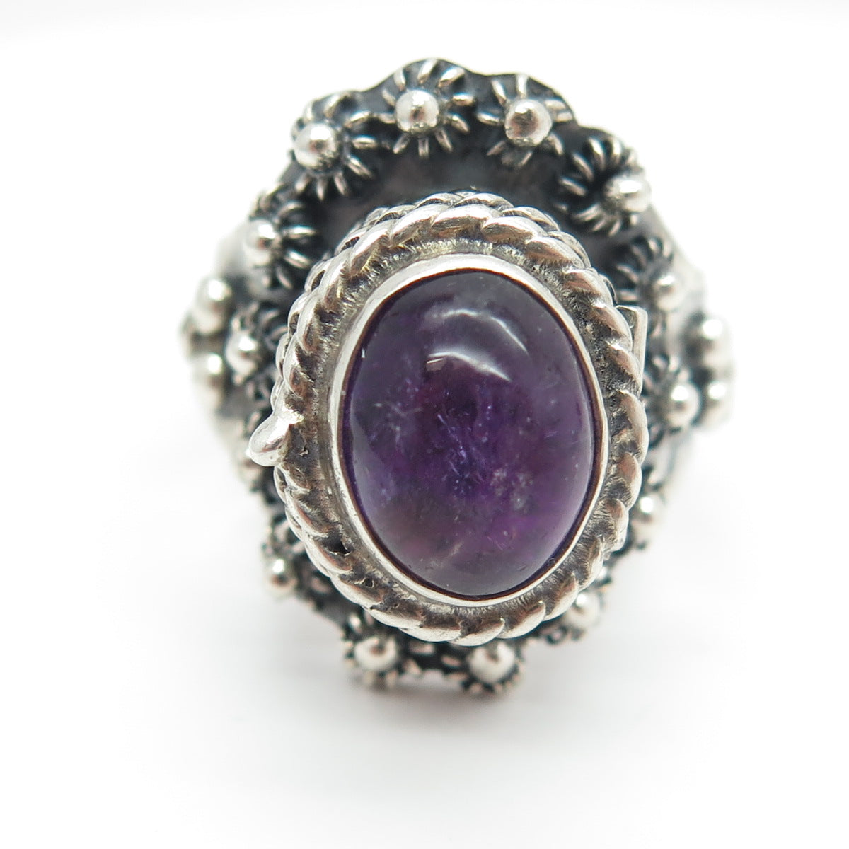 925 Sterling Silver Vintage Mexico Amethyst Poison Adjustable Ring Size 9.75