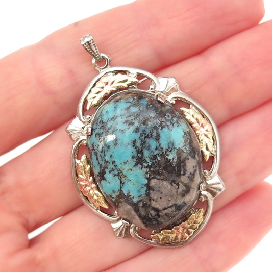 L.S. Peterson Co. 925 Sterling 10K Gold Antique Art Deco Real Turquoise Pendant