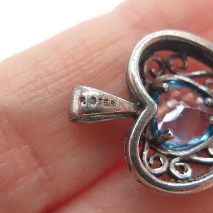 925 Sterling Silver Vintage London Blue Topaz Heart Oxidized Minimalist Pendant
