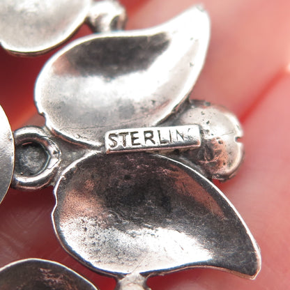 925 Sterling Silver Vintage Real Moonstone Floral Oxidized Pin Brooch