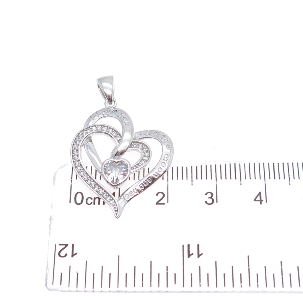 925 Sterling Silver C Z I Love You To The Moon & Back Double Heart Charm Pendant