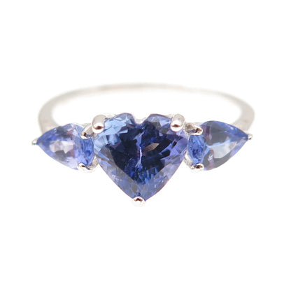 925 Sterling Silver Real Heart & Pear-Cut Tanzanite Ring Size 8