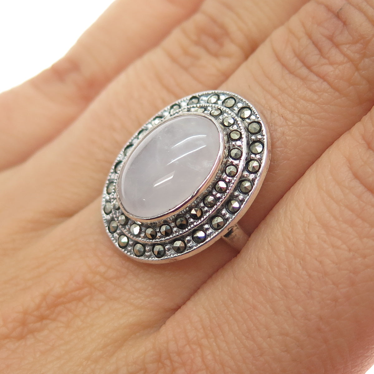 Curtis Curtman 925 Sterling Antique Art Deco Real Quartz & Marcasite Ring Size 5