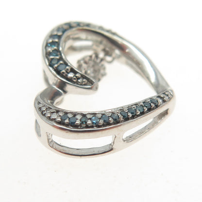 925 Sterling Silver Real Round-Cut Fancy Blue & White Diamond Heart Pendant