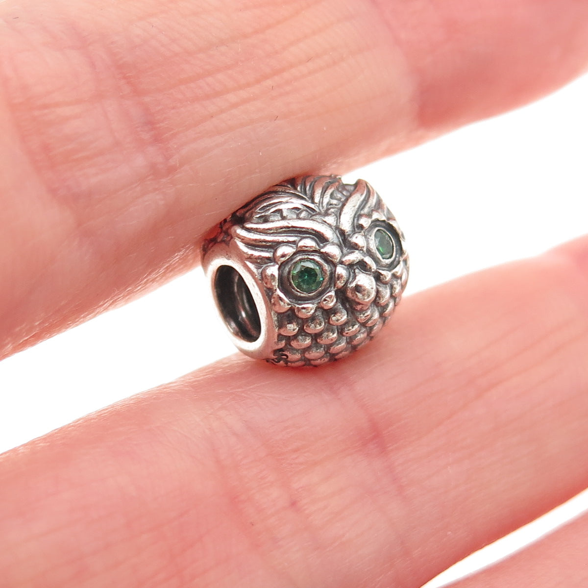 PANDORA 925 Sterling Silver Green C Z Wise Owl Slide Bead Charm