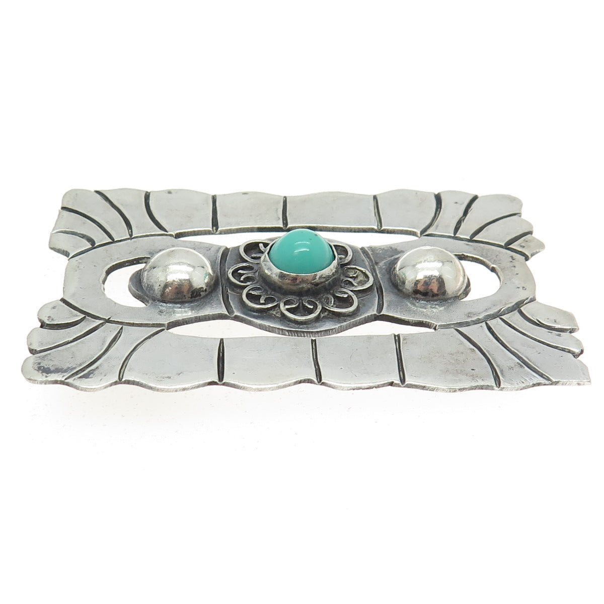 925 Sterling Silver Vintage Mexico Real Turquoise Aztec Tribal Pin Brooch