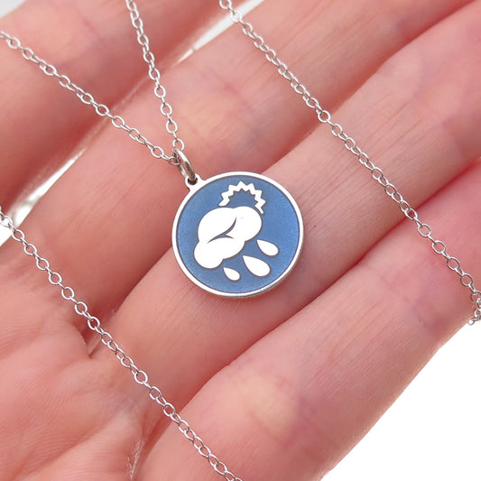 925 Sterling Silver Enamel Sunshower Cloud & Raindrop Cable Chain Necklace 18"