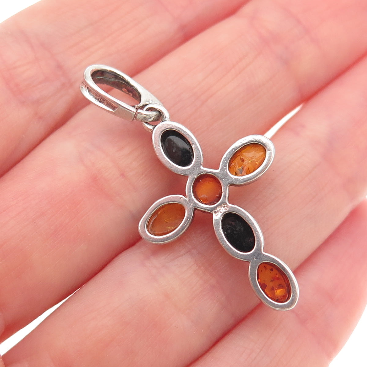 925 Sterling Silver Vintage Real Amber Cross Charm Pendant
