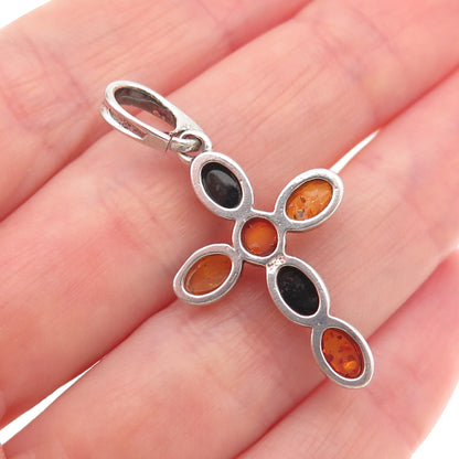 925 Sterling Silver Vintage Real Amber Cross Charm Pendant