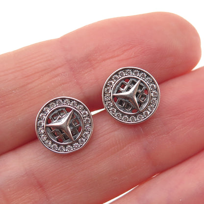 925 Sterling Silver Round-Cut C Z Mercedes-Benz Stud Earrings