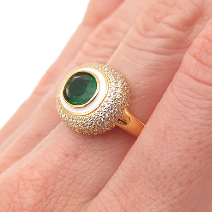 925 Sterling Silver Gold Plated Green & White C Z Ring Size 7