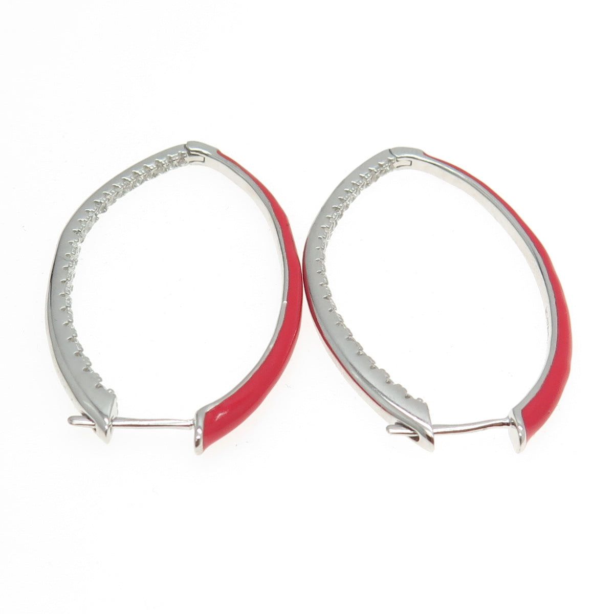 925 Sterling Silver Pave C Z & Red Enamel Hinged Oval Earrings