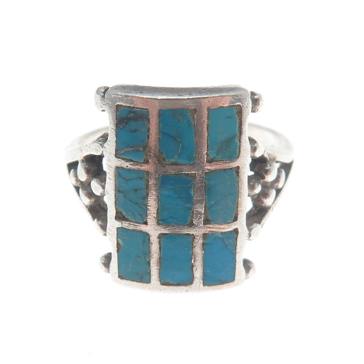 925 Sterling Silver Vintage Bisbee Turquoise Gem Checkerboard Ring Size 7.25