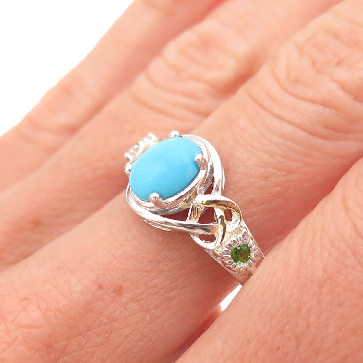 Chuck Clemency 925 Sterling Silver 2-Tone Real Turquoise Peridot Ring Size 8.25