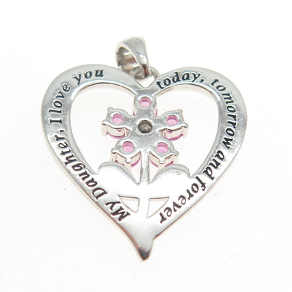 925 Sterling Silver Real White Diamond & Pink Sapphire Gem Heart Floral Pendant