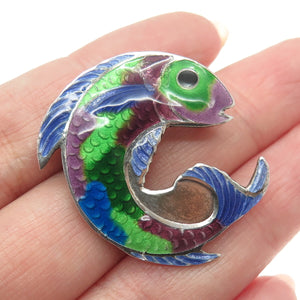 RODOLFO ESPINOZA 925 Sterling Silver Vintage Mexico Enamel Fish Pin Brooch