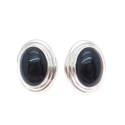925 Sterling Silver Vintage Mexico Real Black Onyx Modernist Clip On Earrings