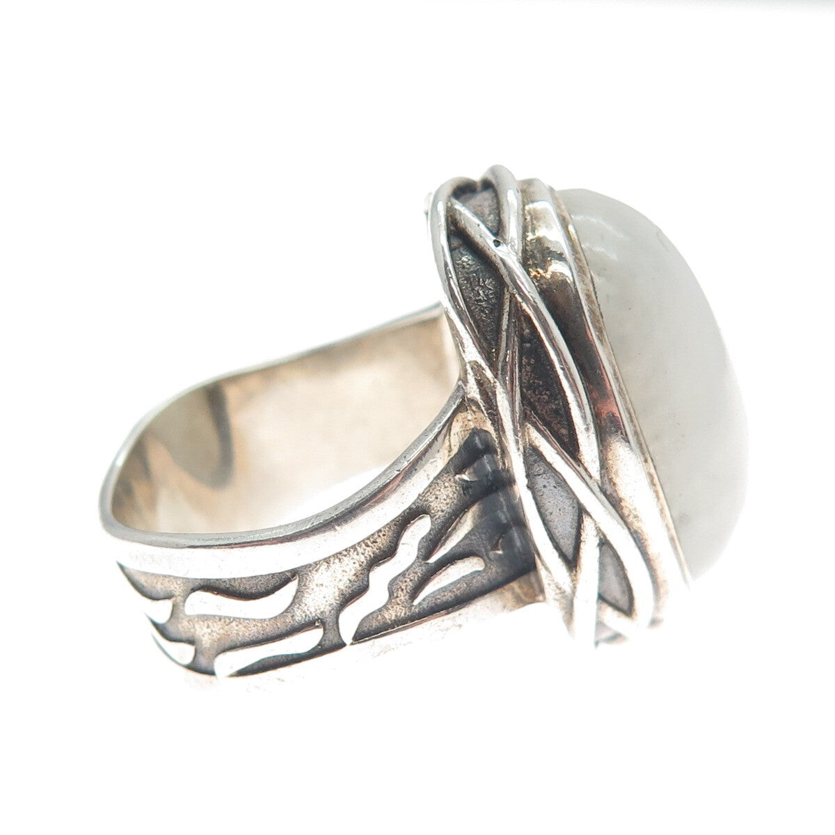 925 Sterling Silver Vintage Real Moonstone Modernist Wavy Oxidized Ring Size 8