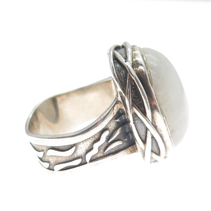 925 Sterling Silver Vintage Real Moonstone Modernist Wavy Oxidized Ring Size 8