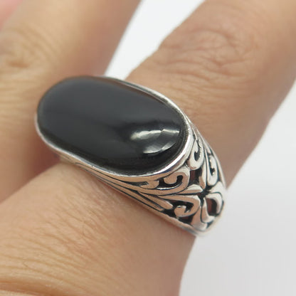 925 Sterling Silver Vintage Real Black Onyx Gemstone Elongated Ring Size 7.5