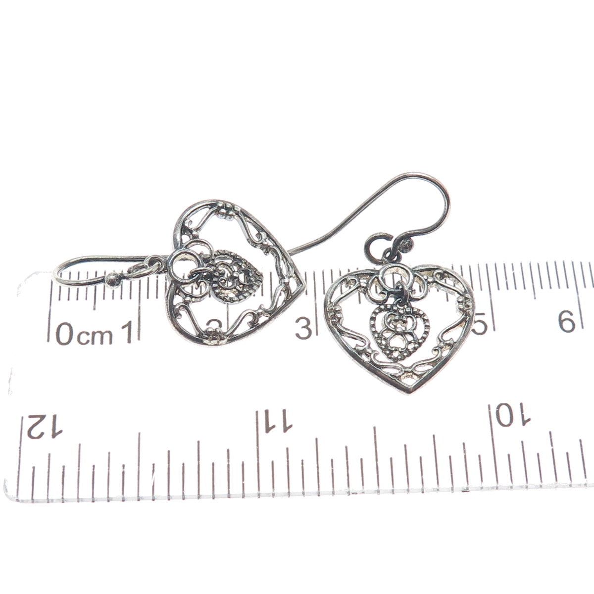 925 Sterling Silver Vintage Ornate Heart & Flower Dangle Earrings