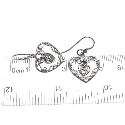 925 Sterling Silver Vintage Ornate Heart & Flower Dangle Earrings
